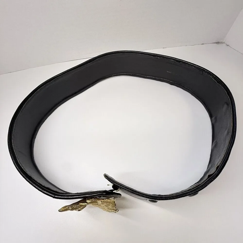 Vintage Hand Made In Italy Gold Metal Rooster Head Buckle On Black Leather Belt